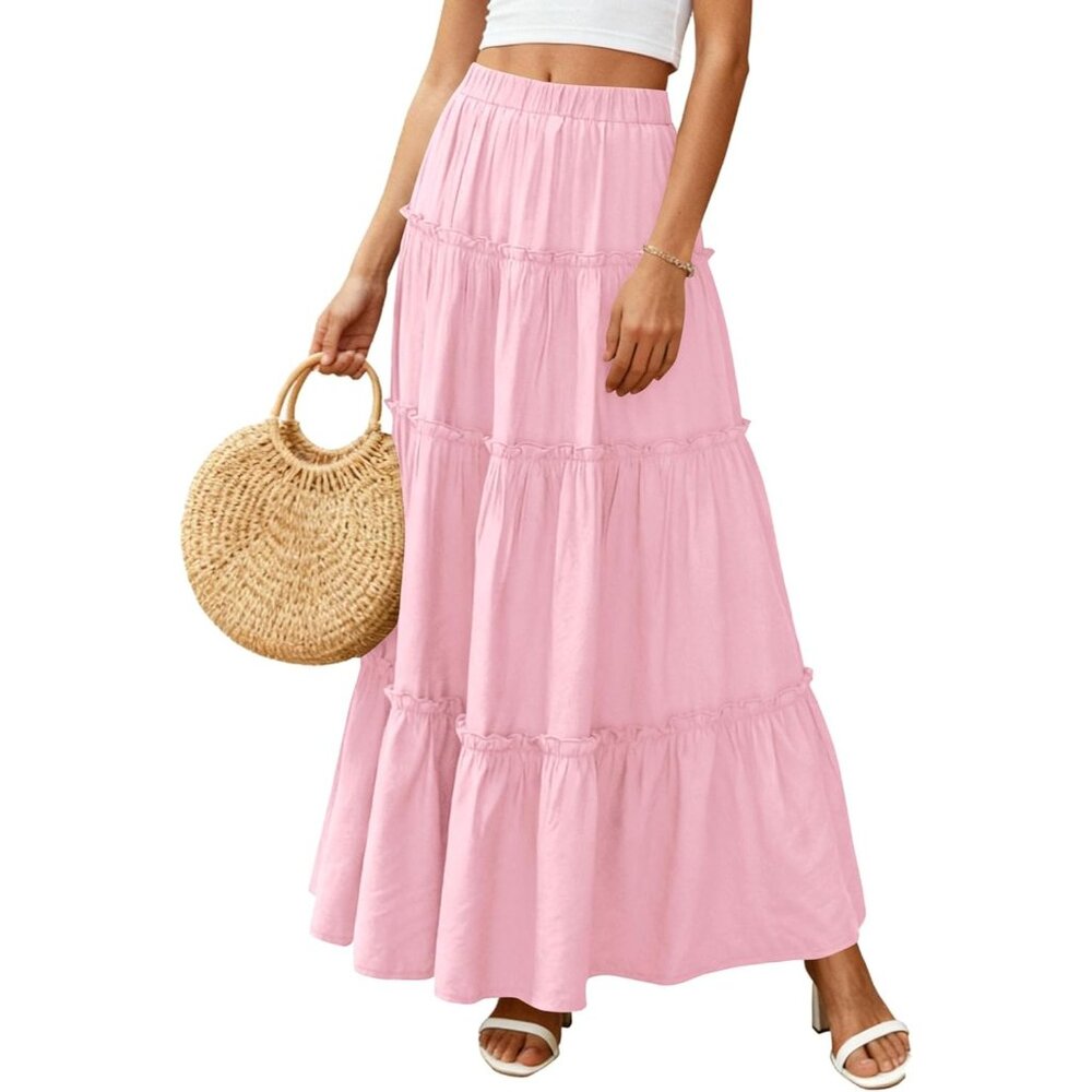 Women's Light Pink Boho Flowy A Line Tiered Beach Vacation Clothes Maxi Skirt - Picture 5 of 6